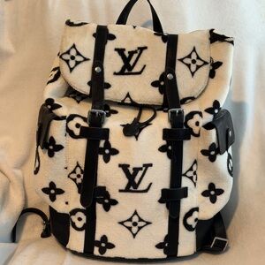 Luxury-inspired Black & White Monogram Sherpa Backpack